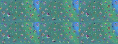 Yeşil ve mavi renkte çiçekler. Hediye ambalaj kağıdı, tebrik kartları, posterler ve pankart tasarımı. Raster düz çiçek çizim deseni.