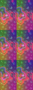 Tekstil, kumaş, ambalaj, hatıra defteri için hoş bir çiçek arkaplanı. Çocuksu tasarım. Mor ve mor arka planda. Elle çizilmiş karalama çiçekleri ile Raster çizim deseni.