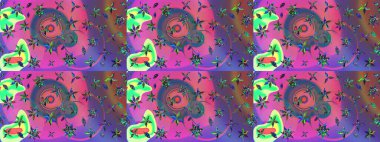 Raster illüstrasyonu. Raster deseni. Pembe ve mor renklerde. Soyut çiçek çizim kalıbı arka planı. Küçük çiçekte sevimli çiçek deseni var..