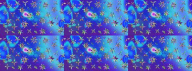 Suluboya çiçekli çiçek deseni. Raster illüstrasyonu. Mavi ve mor renkli Asya tekstili.