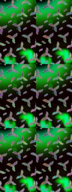 Renkli arka planda izole kar taneleri. Raster illüstrasyonu. Kar taneleri radyal yeşil, siyah ve gri renkler.