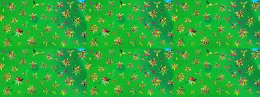 Çiçek duvar kağıdı. Çizim kalıbı. Renkli süs kenarı. Yeşil ve sarı renklerde. Raster illüstrasyonu. Hint süsü..