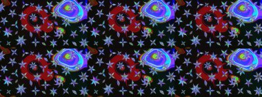 Renkli grunge soyut arka planda kologray ve siyah çiçeklerle zenginleşir. Nakış desenli çiçek deseni. İzler, kumaş, duvar kağıtları, tekstil için raster dokusu.