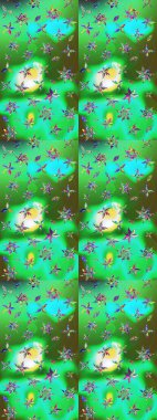 Yeşil ve mavi renkli Asya tekstili. Raster illüstrasyonu. Suluboya çiçekli çiçek deseni.