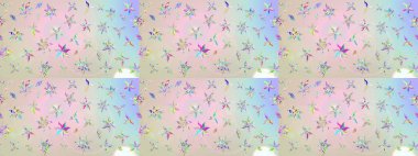 Tarafsız ve bej renkli renkte çok renkli ve bej renkli küçük çiçekler ve komik böcekler, raster desen, illüstrasyon.