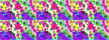 Çiçek arkaplan. Mor ve yeşil renklerde şirin tekstil tarzında. Renkli çizim kalıbı. Raster illüstrasyonu. Çiçek duvar kağıdı.