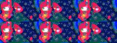 Mavi ve yeşil renkli bitkilerden oluşan parlak bir halı ile çizim deseni.