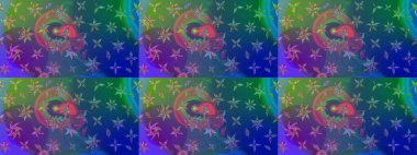 Yeşil ve mavi renkte çiçekler. Raster illüstrasyonu. El çizimi çiçekli soyut çizim deseni.