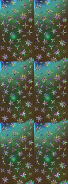 Raster illüstrasyonu. Şirin çiçekli eskiz deseni ve yeşil ve kahverengi renkli yapraklar, suluboya çiçek deseni, duvar kağıdı, kart veya kumaş için fayanslı.