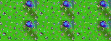 Patlayan çiçekler soyut olarak yerleştirilmiş. Yumuşak, bahar çiçekleri mavi ve yeşil renklerde. Raster illüstrasyonu. Raster deseni.