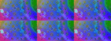 Renkli grunge, soyut arkaplanı kolomavi ve mor çiçeklerle süslüyor. Parmak izi, kumaş, duvar kâğıdı, tekstil için raster dokusu. Nakış desenli çiçek deseni..