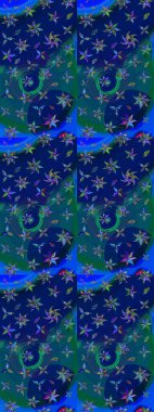 Raster illüstrasyonundaki çiçek desenli çizim. Düz Çiçek Elementleri Tasarımı. Renkli Bahar Teması eskiz kalıbı. Yeşil ve mavi renkte çiçekler.