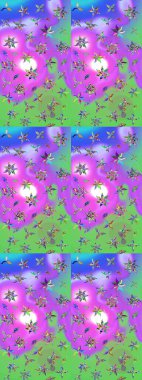 Raster illüstrasyonu. Mor ve yeşil renkte çiçekler. Çiçek desenli eskiz, vuruşlar, sıçramalar, yaz çiçekleri..