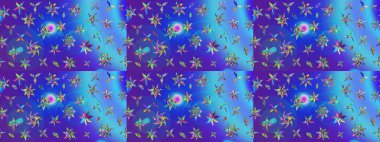 Parlak renkli çiçekleri ve mavi ve menekşe renklerinde yaprakları olan harika bir çiçek deseni. Moda baskıları için zarif bir şablon. Modern çiçek arkaplanı. Halk stili.