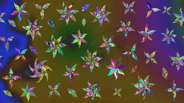 Raster deseni. Nazikçe, rengarenk bahar çiçekleri. Patlayan çiçekler soyut olarak yerleştirilmiş. Raster illüstrasyonu.