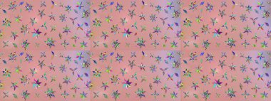 Düz Çiçek Elementleri Tasarımı. Renkli Bahar Teması eskiz kalıbı. Tarafsız ve pembe renklerde çiçekler. Raster illüstrasyonu. Çiçekli çiçek deseni, suluboya..