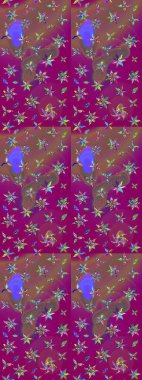 Küçük çiçekteki sevimli çiçek deseni. Birçok mor ve kahverengi soyut çiçekli tropikal eskiz deseni. Varicolopurple ve kahverengi raster çizimi.