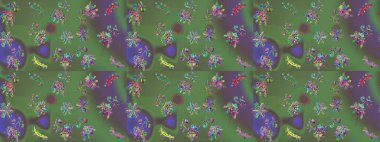 Düz Çiçek Elementleri Tasarımı. Renkli Yaz Temalı Kusursuz Arkaplan. Yeşil, gri ve mor renkli çiçekler. Raster illüstrasyonunda trendsiz çiçek deseni.