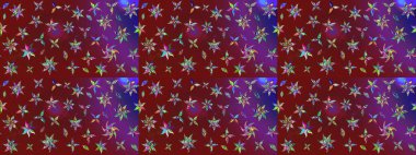 Renkli desenli eskiz deseni, kırmızı ve mor çiçekler ve dekoratif elementler. Eskiz geçmişi. Raster illüstrasyonu. Kumaş, tekstil, duvar kağıdı baskısı için. Antika retro tarzı.