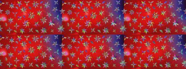 Parlak çiçekli kolaj çiçekleri kırmızı ve mor. Çiçekli zambakların eskiz geçmişi. Çiçek tasarımı için inanılmaz kolaj cennet tarzı..