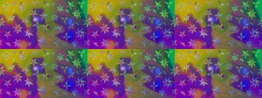 Çiçekli karalama şeklinde Raster çiçek deseni. Yeşil ve mor renkli çiçekler. Yumuşak, yaz çiçekli arka plan.