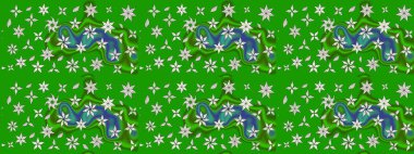 Ağaç dallı bahar çiçekleri ile desen, çiçek siluetiyle yeşil renkler. Raster deseni.