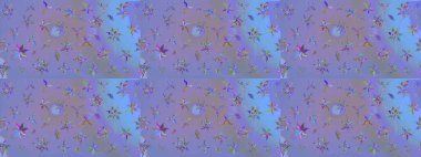 Raster Illustrasyon 'daki Çiçek Deseni' nin son moda çizimi. Mor ve mavi renkte çiçekler. Renkli Yaz Temalı eskiz kalıbı. Düz Çiçek Elementleri Tasarımı.