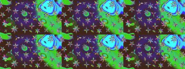 Parlak renkli fantezi çiçekleri, yapraklar, yeşil ve mor renkli tomurcuklar yeşil ve mor. Suluboya el çizimi elementli çiçek çizimi deseni.