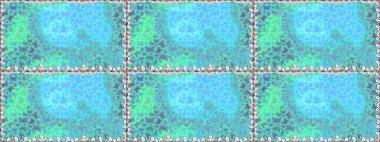 Fantezi çizimi. Erkekler, kızlar, kıyafetler, duvar kağıtları için soyut bir model. Raster. Bir sürü kelebek desenli kusursuz desen. Mavi ve yeşil renkli resimler.