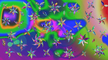 Yeşil ve mavi renkte çiçekler. Sevimli çiçek raster deseni. Renkli Bahar Teması eskiz kalıbı. Düz Çiçek Elementleri Tasarımı.