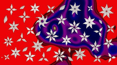 Çocuksu tasarım. Elle çizilmiş çiçek desenli Raster çizimi. Kırmızı arka planda. Tekstil, kumaş, ambalaj, hatıra defteri için güzel çiçek arkaplanı..