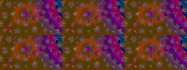 Raster illüstrasyonu. Çiçek süslemeli çizim deseni. Kahverengi ve mor renkte çiçekler.
