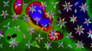 Tekstil, kumaş, ambalaj, hatıra defteri için hoş bir çiçek arkaplanı. Elle çizilmiş çiçek desenli Raster çizimi. Yeşil ve mavi arka planda. Çocuksu tasarım.