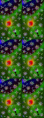 Asya tekstil tarzında. Çiçek desenli çizim. Raster illüstrasyonu. Raster illüstrasyonu. Yeşil ve siyah renkte çiçekler.