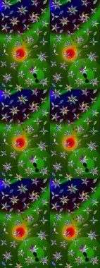 Asya tekstil tarzında. Çiçek desenli çizim. Raster illüstrasyonu. Raster illüstrasyonu. Yeşil ve siyah renkte çiçekler.