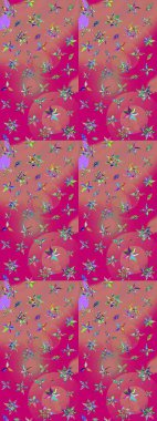 Kumaş desenli papatya çiçeği detayı. Pembe ve morumsu renkte çiçekler.