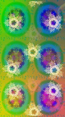 Raster illüstrasyonu. Kar tanelerinin soyut arkaplanlı Noel şablonu. Noel ve yeni yıl moda baskıları için tatil tasarımı. Yeşil, mavi ve sarı renkler.