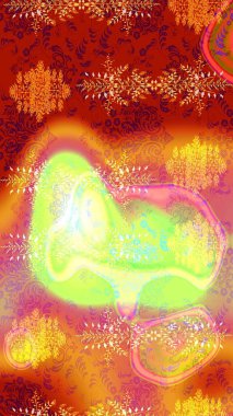 Kırmızı, turuncu ve sarı kar taneleri. Renkler. Kar tanelerinin soyut arkaplanı olan şirin bir Noel arkaplanı. Raster illüstrasyonu. Noel ve Yeni Yıl moda baskıları için tatil tasarımı.