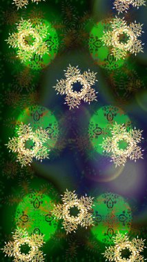 Soyut duvar kâğıdı, ambalaj dekorasyonu. Yeşil, mavi ve gri renklerde şirin kar taneleri. Basit bir kar tanesi. Kışın sembolü, mutlu noeller, mutlu yeni yıl kutlaması Raster illüstrasyonu..