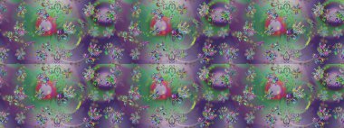 Renkli Bahar Temalı Kusursuz Arkaplan. Sevimli çiçek raster deseni. Düz Çiçek Elementleri Tasarımı. Yeşil, nötr ve mor renkte çiçekler.