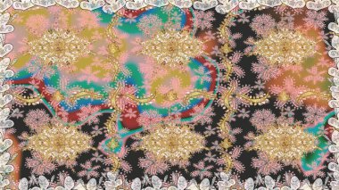 Çizgi sanatı tasarım şablonu için kusursuz sınır. Bej renklerde altın element. Doğu tarzı element. Davetiyeler, kartlar, web sayfası için Raster illüstrasyon. Altın çizgili çiçek dekoru.