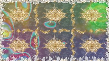 El yapımı dekoratif çerçeve, albüm kapağı, tebrik kartı, klasik Art deco tarzı. Raster soyut çiçek çelengi altın karalama fantezi yaprakları ve gri renkli çiçekler.