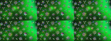 Yeşil renkte şirin çiçekler. Moda baskısı, albüm, ambalaj kağıdı ve duvar kağıdı için zarif dekoratif süslemeler. Küçük çiçekli basit bir çiçek çizimi. Raster illüstrasyonu.