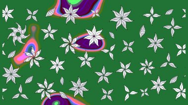 Raster illüstrasyonu. Şirin çiçekli eskiz deseni ve yeşil ve nötr renklerde yapraklar, suluboya çiçek deseni, duvar kağıdı, kart veya kumaş için fayanslı.