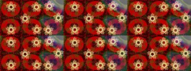 El çizimi, dövme stili karalama, kumaş tasarımı ve Raster illüstrasyonunda kartlar. Katılım kırmızı, kahverengi ve yeşil mandala şekilli kar taneleri sanat terapisi tarzı zen çizim için.