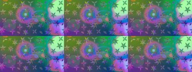 Yeşil ve mavi renkli bitkilerden oluşan parlak çiçekli çizim deseni.