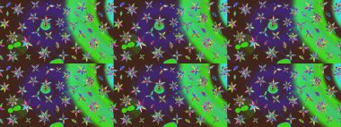 Suluboya elle çizilmiş çiçek desenli eskiz deseni. Parlak renkli fantezi çiçekleri, yapraklar, mor ve yeşil renkli tomurcuklar, mor ve yeşil.