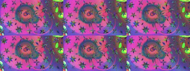 Çiçekli zambakların eskiz geçmişi. Çiçek tasarımı için inanılmaz bir kolaj cenneti tarzı. Parlak çiçekli kolaj çiçekleri pembe ve mor.