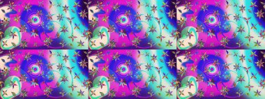 Eskiz geçmişi. Raster illüstrasyonu. Eski usul. Renkli desenli eskiz deseni, mor ve mavi çiçekler ve dekoratif elementler. Kumaş, tekstil ve duvar kağıdı baskısı için..