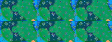 Blue and green hand drawn pattern. Raster pattern. Art inspiblue and green style flowers and leaves background. Doodle flowers sketch pattern.